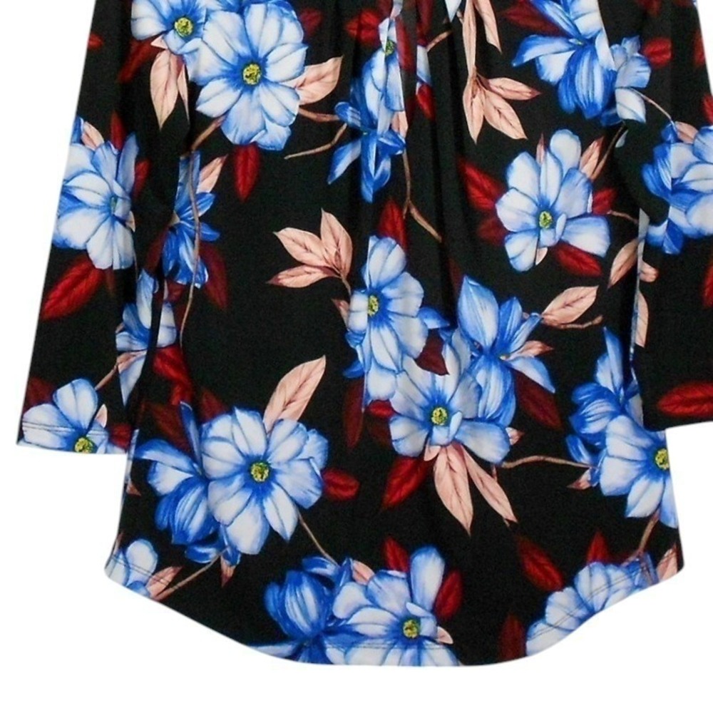 Liz‎ Claiborne Top Small Black Floral Print 3/4 Sleeve Round Keyhole Neck Career - Picture 7 of 9